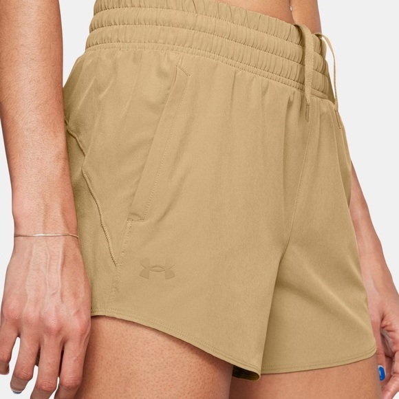 Under Armour Tan Athletic Shorts with Elastic Waistband and Side Split - Picture 3 of 6